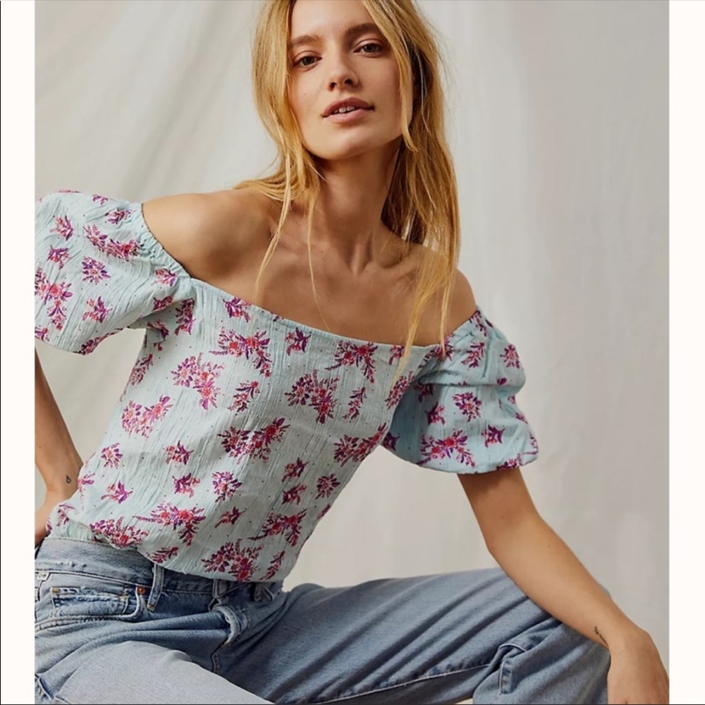 Free People Angela Floral Printed Square Neck Puff Sleeve Lace Bodysuit Blue XS